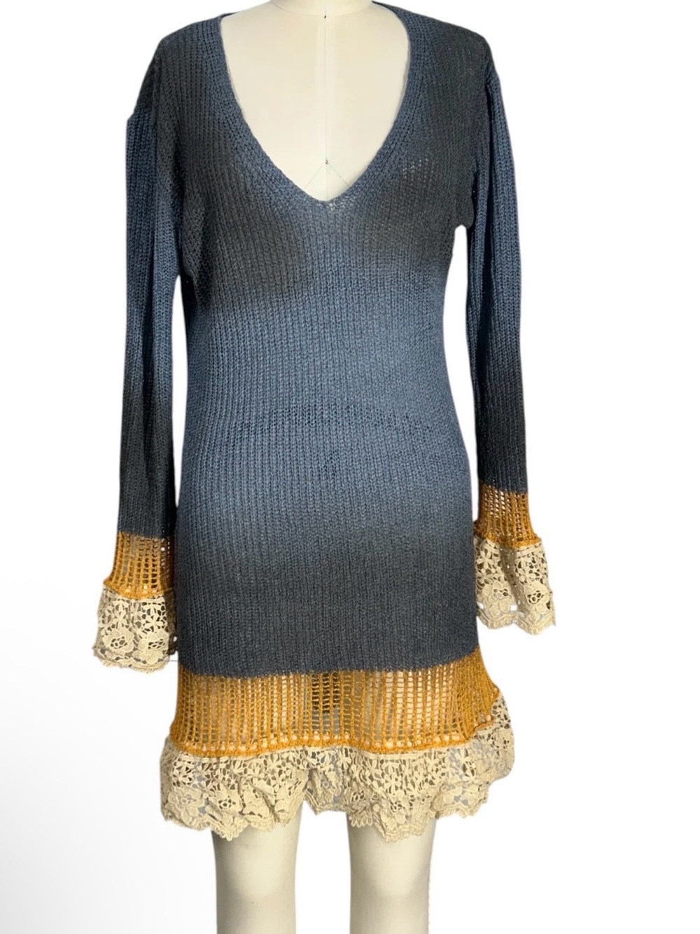 BOHO CROCHET TRIM KNIT DRESS – ORANGE MULTI DISCOLOR LONG SLEEVE